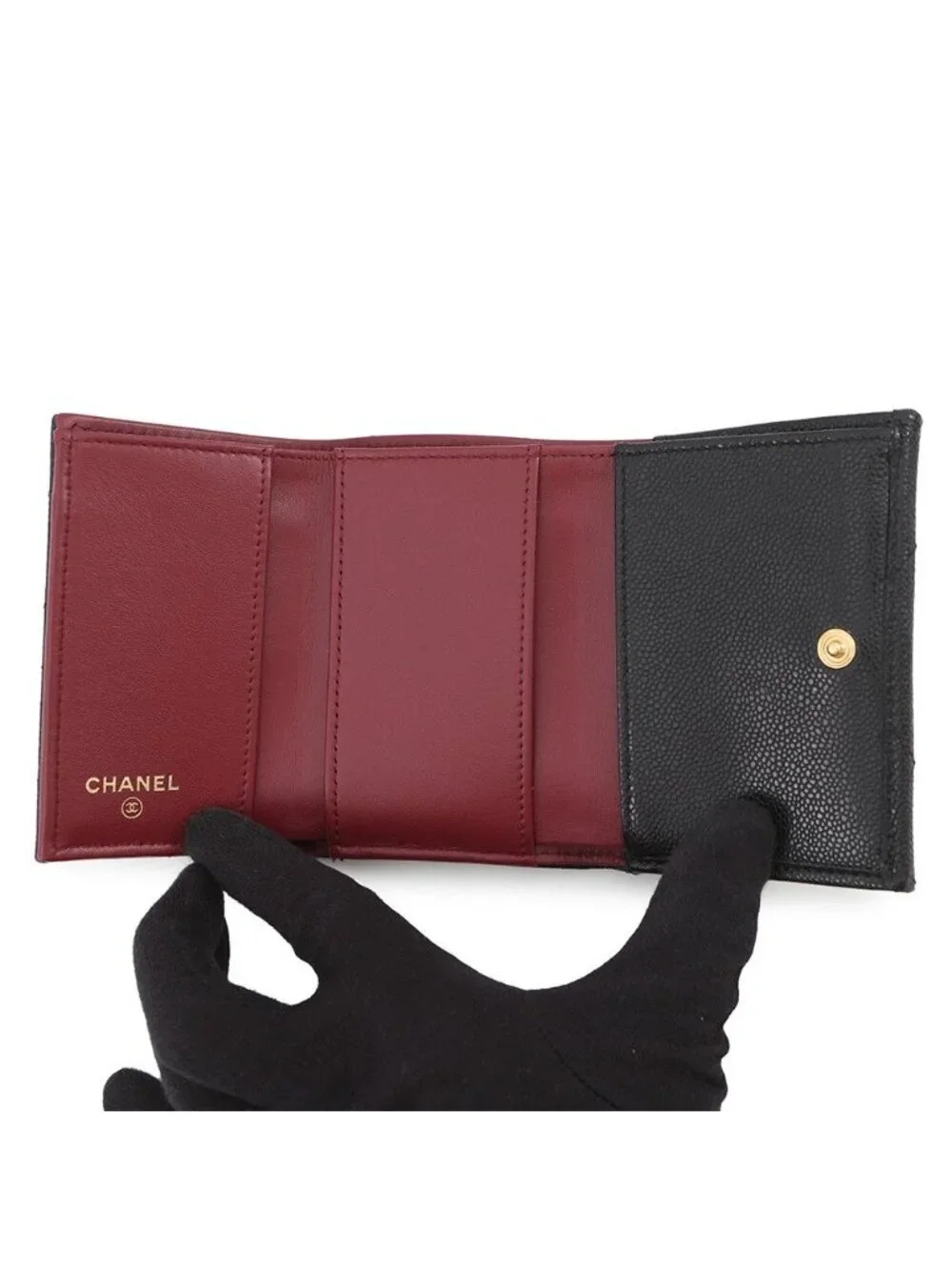Chanel Trifold Wallet Chez Blanc Small Flap Compact Caviar Leather Black